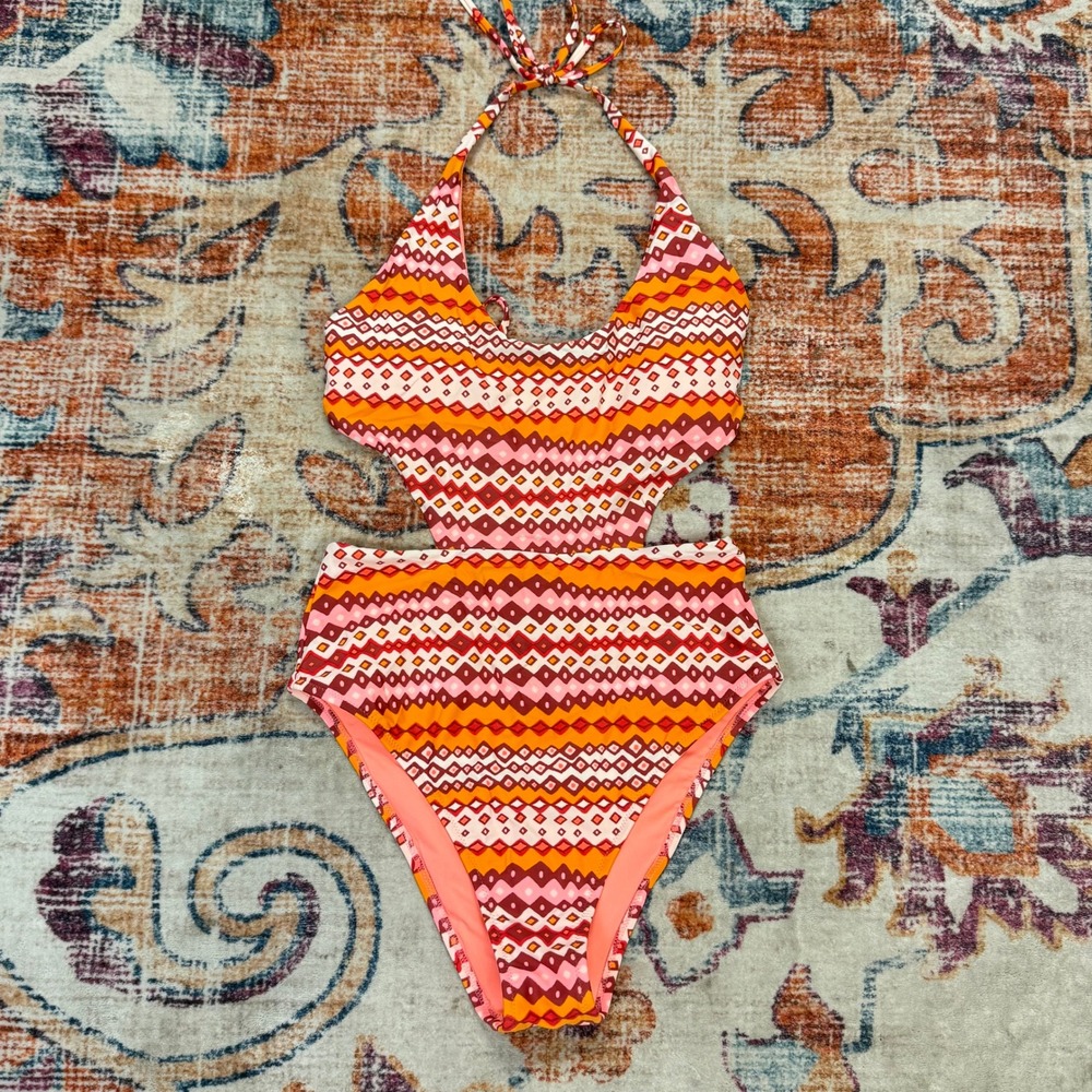 Aerie Orange‎ aztec Geometric Cutout Monokini One Piece Swimsuit Medium